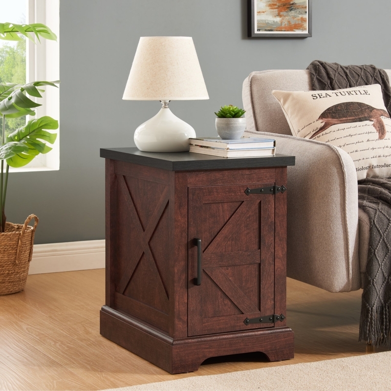 Farmhouse End Table with Sliding Barn Door and Open Shelf