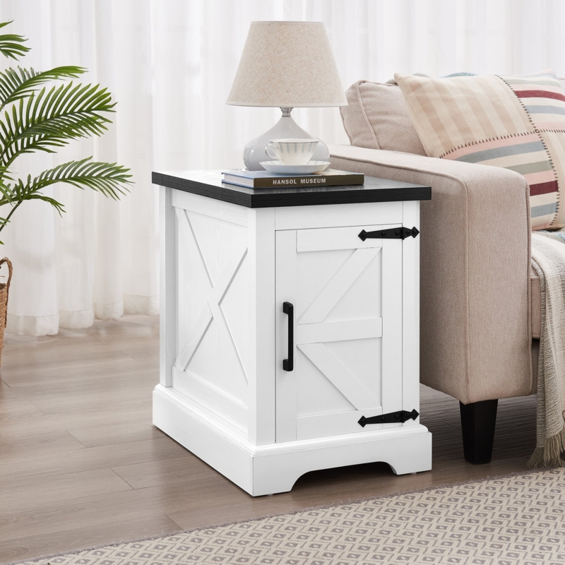 Farmhouse End Table with Storage, X-Frame Sides and Two-Tone Finish