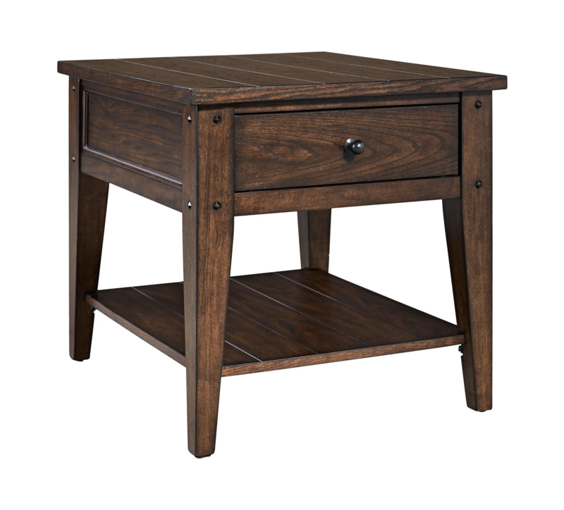 Farmhouse End Table With Woven Storage Baskets And Open Shelf