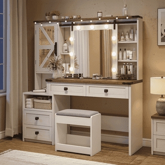 Farmhouse Makeup Vanity Set Hollywood Bulbs Integrated Power White