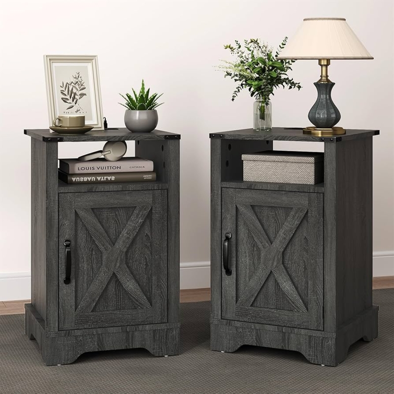 Farmhouse Nightstand Set with Charging Station, Dark Grey X-Frame