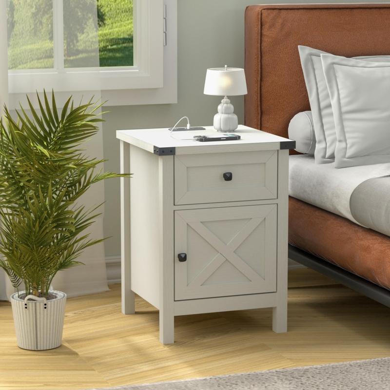 Farmhouse Nightstand with Charging Station and Barn Door Cabinet