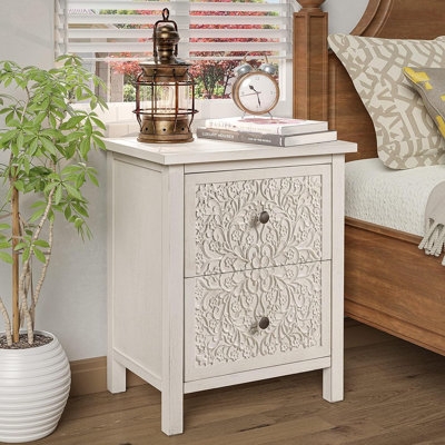 Farmhouse Nightstand with Drawers, Distressed Whitewash, Scalloped Apron