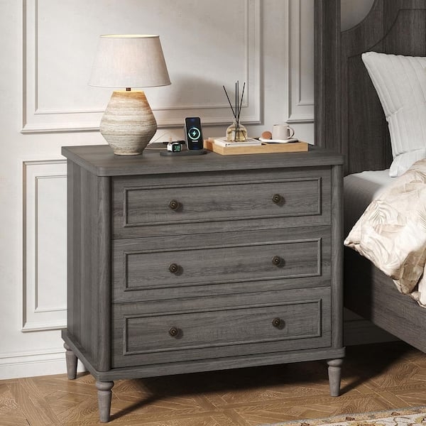 Farmhouse Nightstand with Integrated Power Outlet, Charcoal Gray
