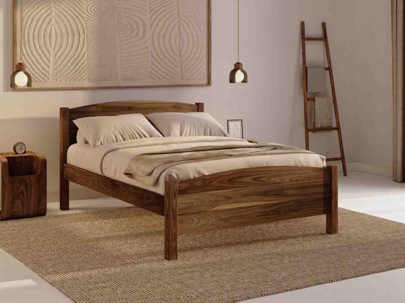 Farmhouse Platform Bed Slatted Footboard, Warm Walnut Finish