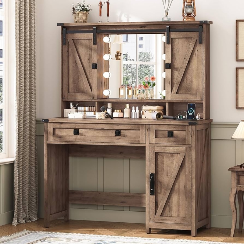 Farmhouse Vanity with Sliding Barn Door and Rustic Oak Finish