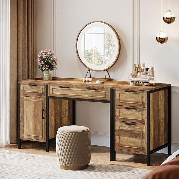 Farmhouse White and Wood Vanity with Flip-Top Mirror and Cabinet
