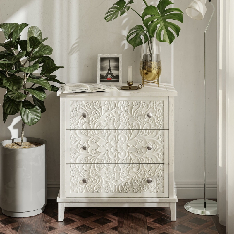Farmhouse Whitewashed Nightstand with Floral Carvings