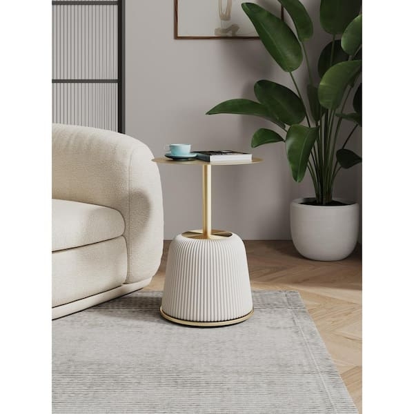 Faux Leather End Table with Gold Rim and Tripod Base