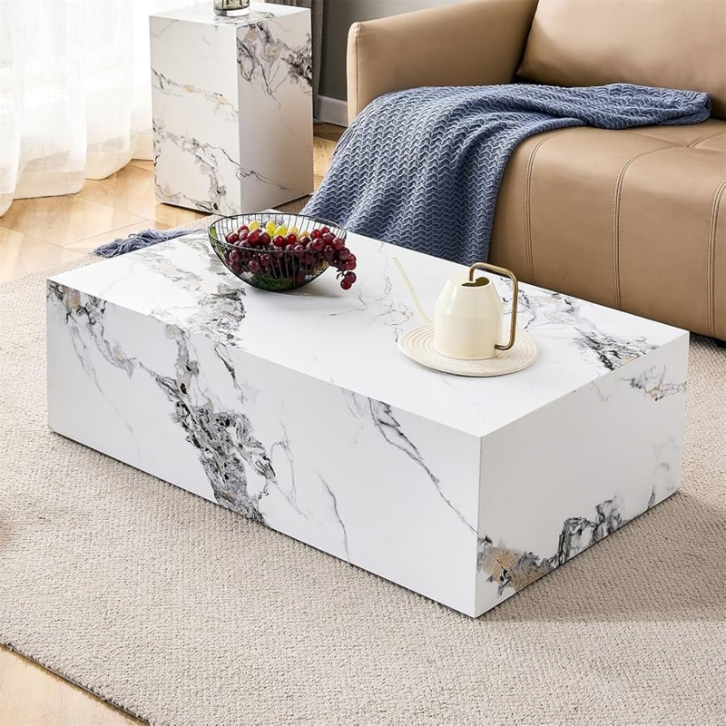 Faux Marble Coffee Table with Geometric Black Metal Base Design