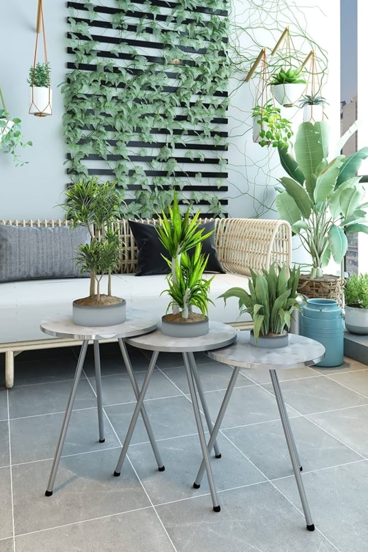 Faux Marble Nesting Tables, Polished Silver Frames, Round Tops