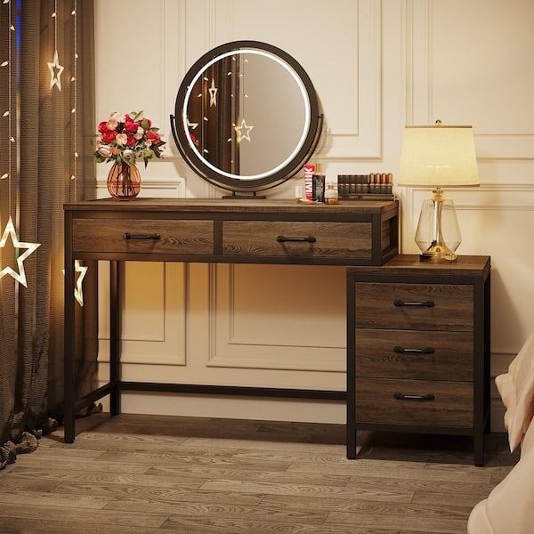 Five-Drawer Vanity with Grey Finish and Marble Look Top