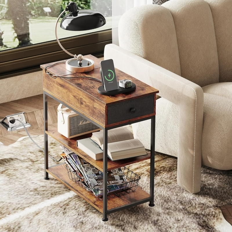 Flip Top Charging Side Table, Integrated Outlets, Rustic Wood.