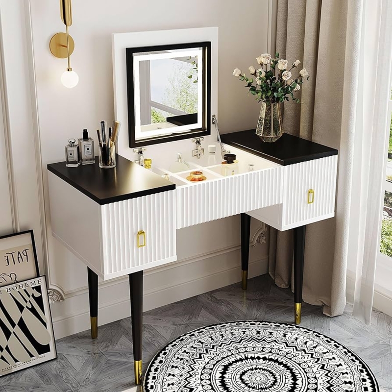 Flip-Top Desk Vanity Hybrid with LED Mirror and Orange Stool