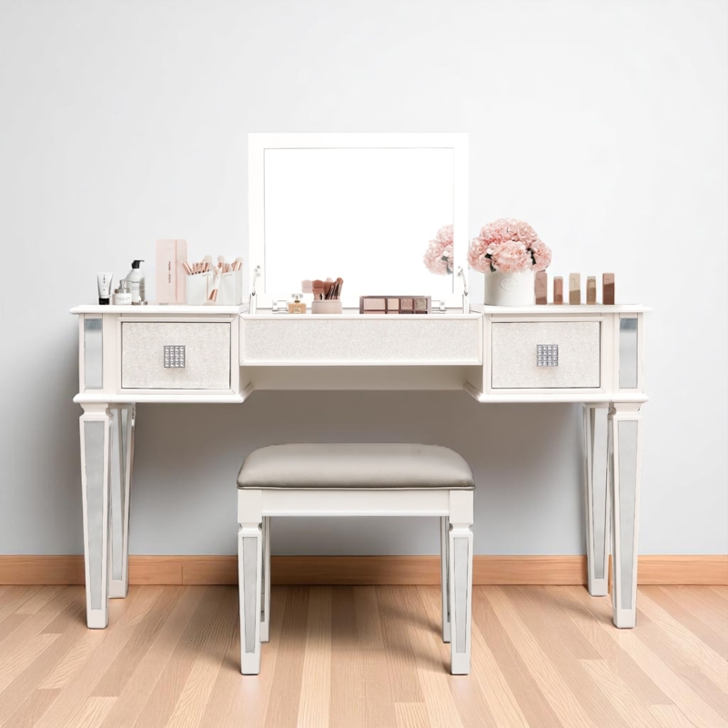Flip-Top Vanity Set with LED Mirror and Faux-Fur Seat