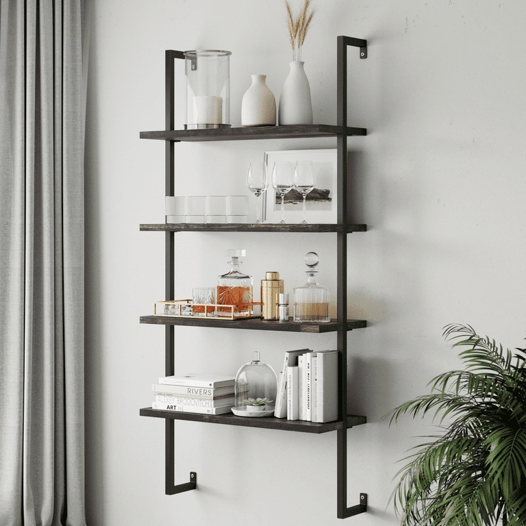 Floating Bookcase Industrial Pipe Frame Four Tier Wood and Black Metal