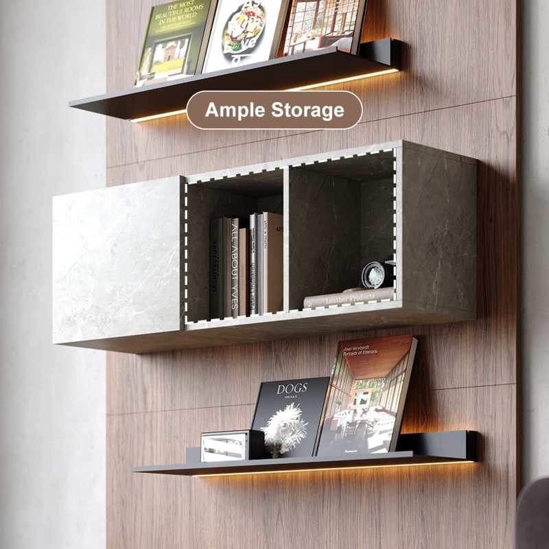 Floating Bookshelf in Walnut Finish with Integrated LED Lighting