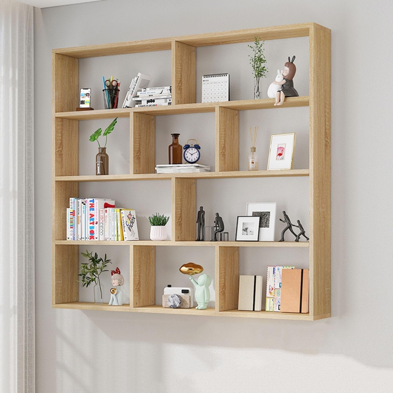 Floating Bookshelf Warm Wood Four Tier Grid Rectangular Minimalist Design