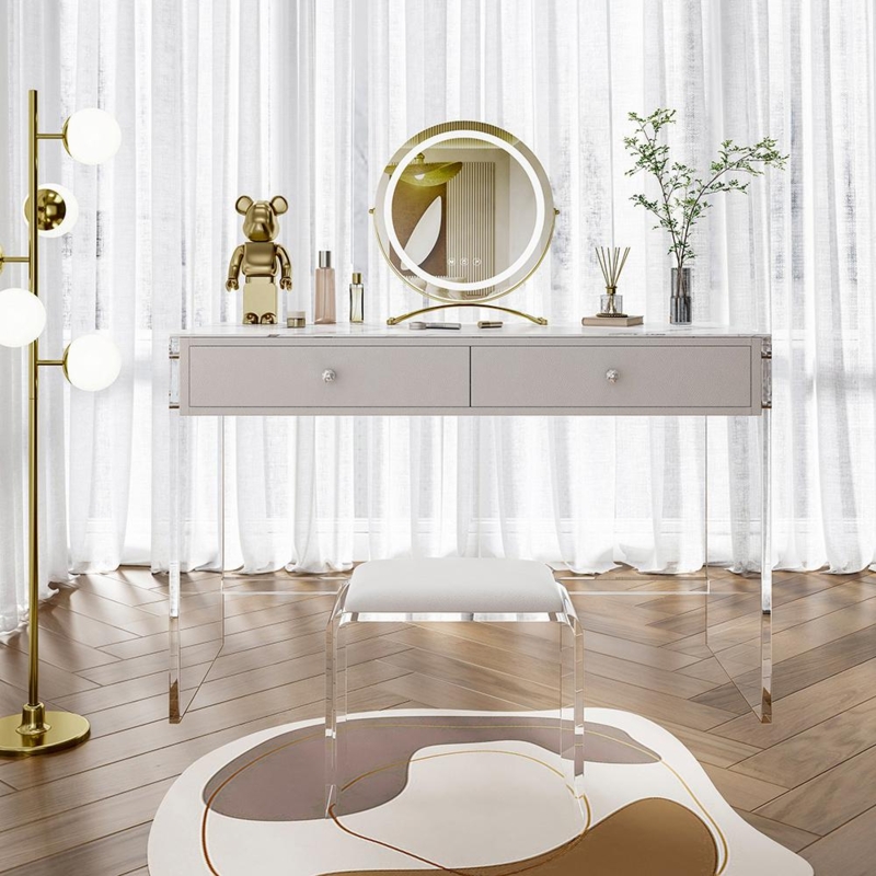 Floating Makeup Vanity with Acrylic Stool, Minimalist Design