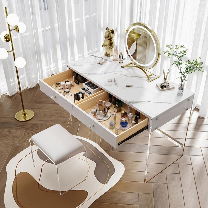 Floating Makeup Vanity with LED Mirror Acrylic Legs Minimalist White