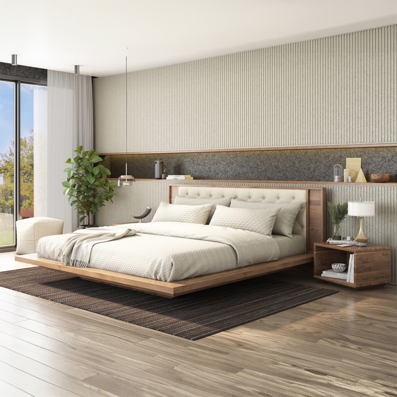 Floating Nightstand Bedroom Layout with Wide Headboard