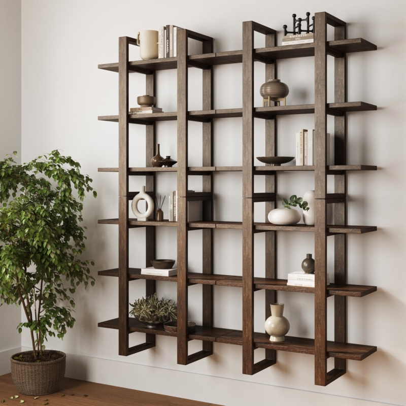 Floating Shelf Wire Brushed Dark Wood Vertical Slat Tiered Unit
