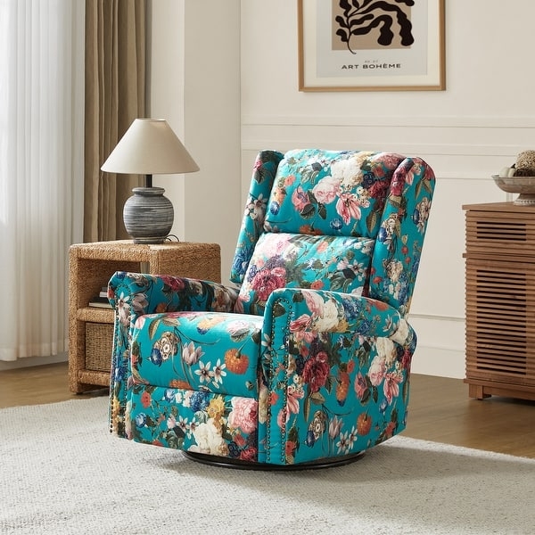 Floral Wingback Recliner with Nailhead Trim & Swivel Base