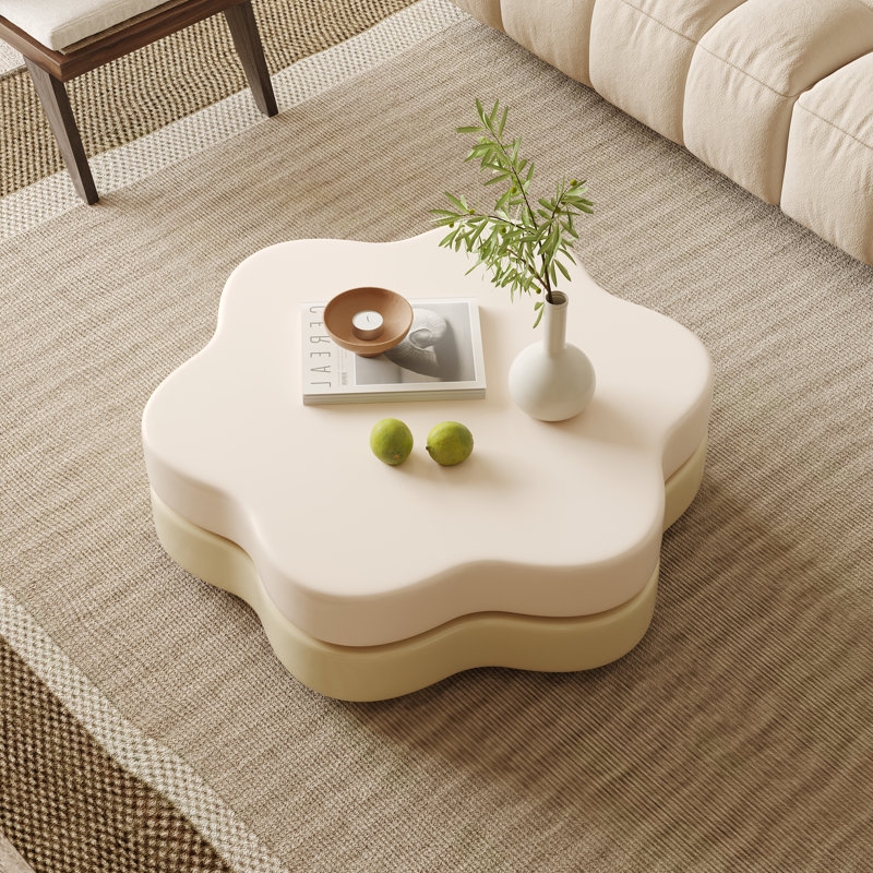 Flower Shaped Coffee Table with Rotating Tiers in Creamy White Finish