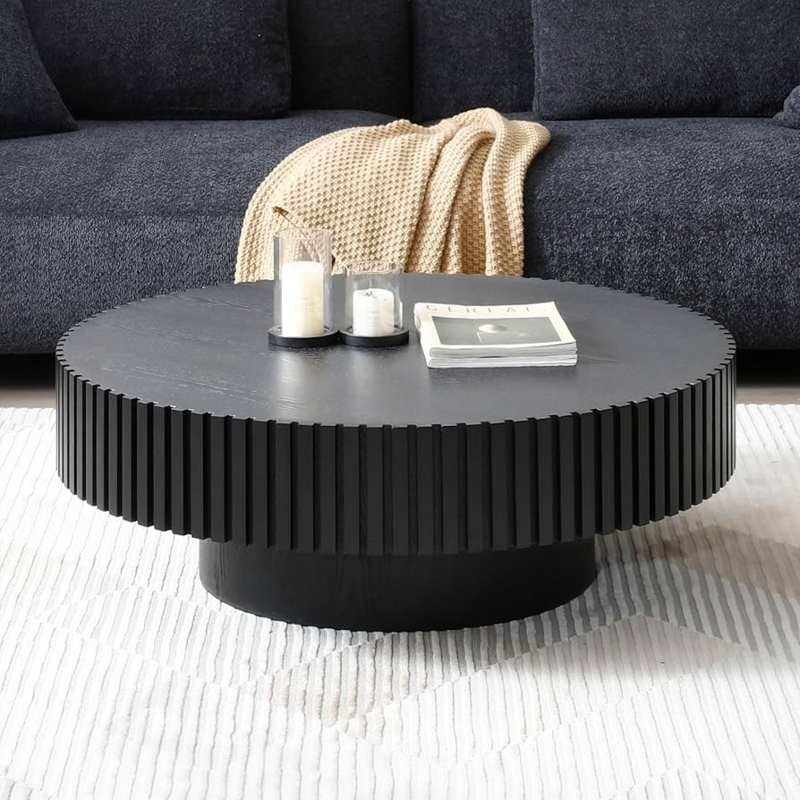 Fluted Drum Coffee Table Round Minimalist Matte Black