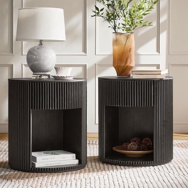 Fluted Drum End Table Set, Matte Round Base