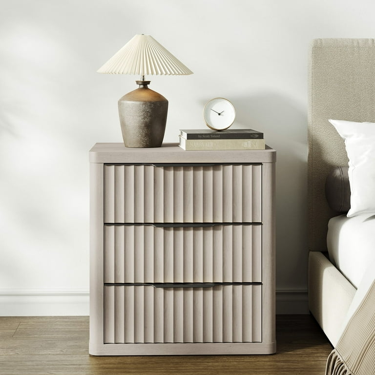 Fluted Nightstand with Ribbed Drawer Fronts and Natural Wood Top