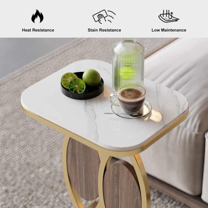 Fluted Pedestal Side Table White Stone-Like Top Gold Rim