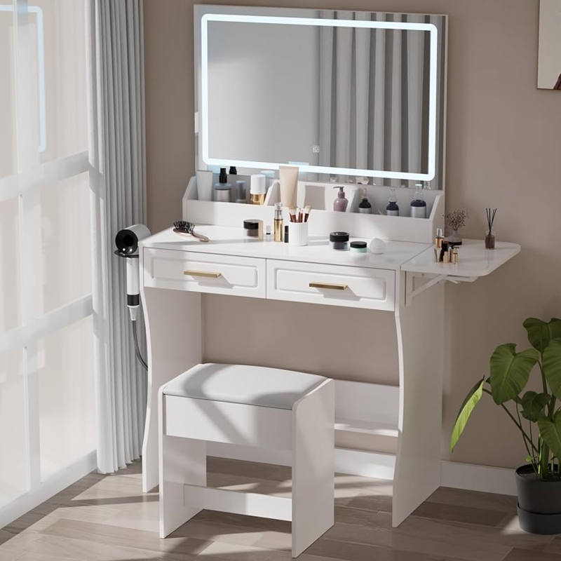 Fluted Vanity Set, Circular LED Mirror, Gold Metal Legs, Stone-Like Top, Chic.