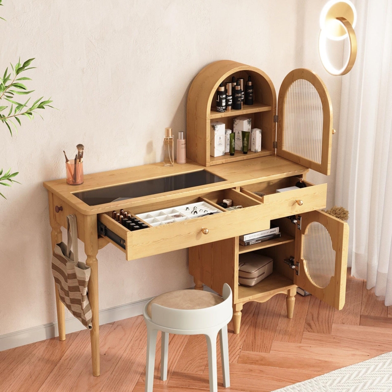Fluted Vanity with Side Cabinet and Jewelry Display Top
