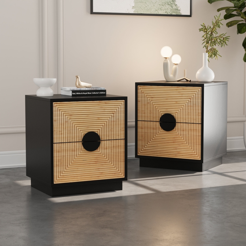 Fluted Wood Nightstand with Tapered Black Metal Legs