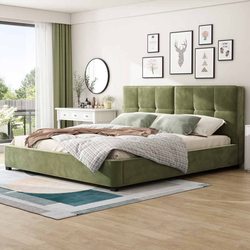 Forest Green Platform Bed Curved Channel Tufted Soft Corners