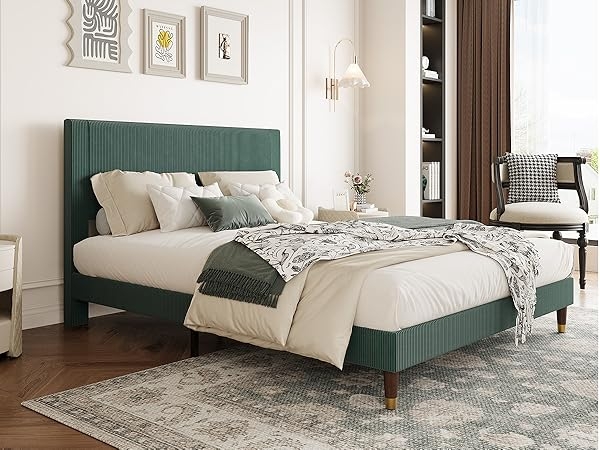 Forest Green Upholstered Bed Frame Rectangular Headboard