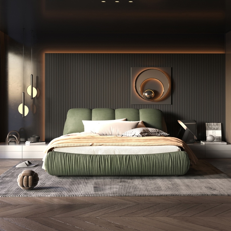 Forest Green Upholstered Bed with Oversized Padded Backrest