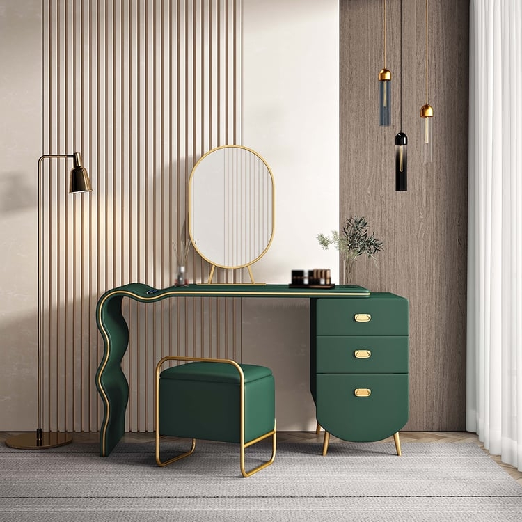 Forest Green Vanity Set with Fluted Drawers and Stone-Like Top