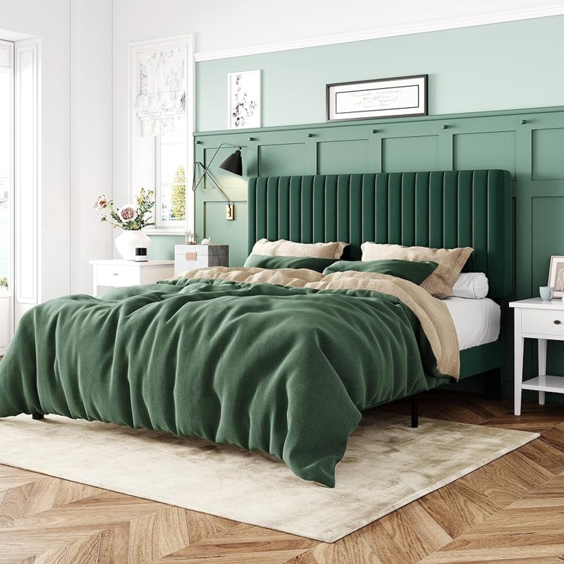 Forest Green Velvet Platform Bed Adjustable Channel Headboard