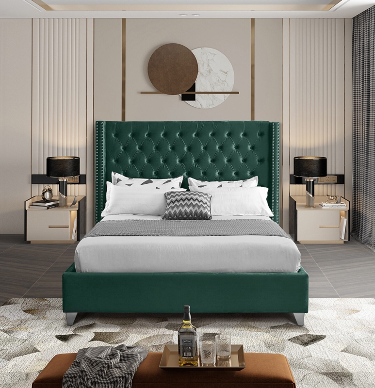 Forest Green Velvet Upholstered Bed Wingback Gold Tapered Legs