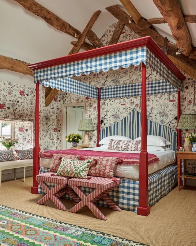 Four Poster Bed Red Frame Floral Upholstered Headboard Maximalist