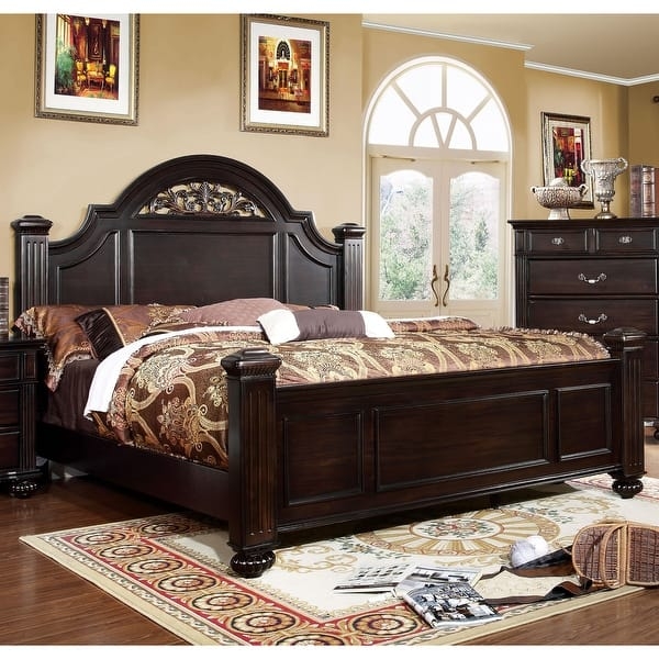 Four Poster Bed with Button Tufted Headboard and Carved Posts