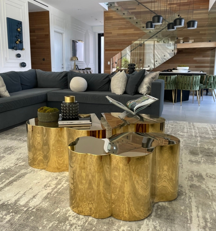 Free-Form Coffee Table in Hammered Gold Finish with Drum Base