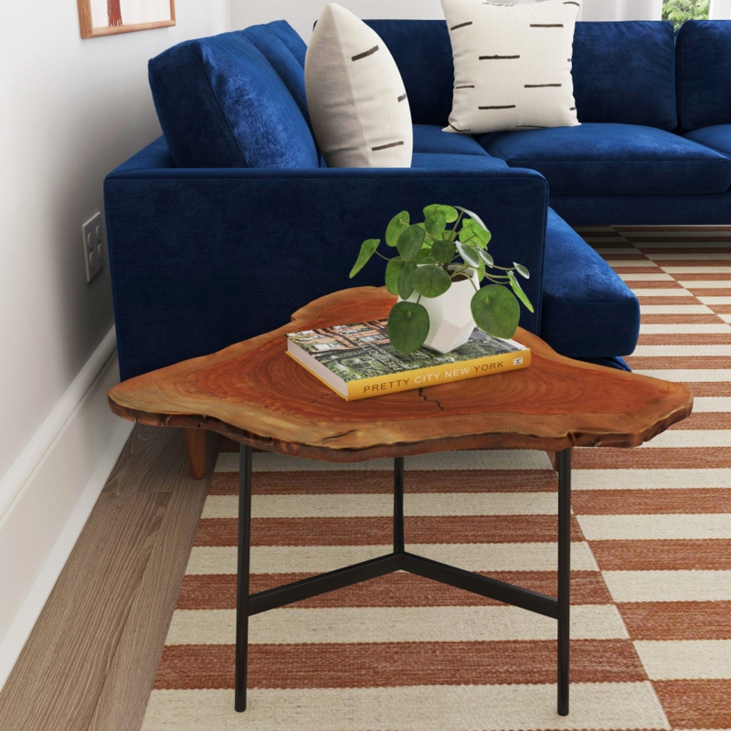 Free Form End Table Live Edge Wood Black Metal Tripod Legs