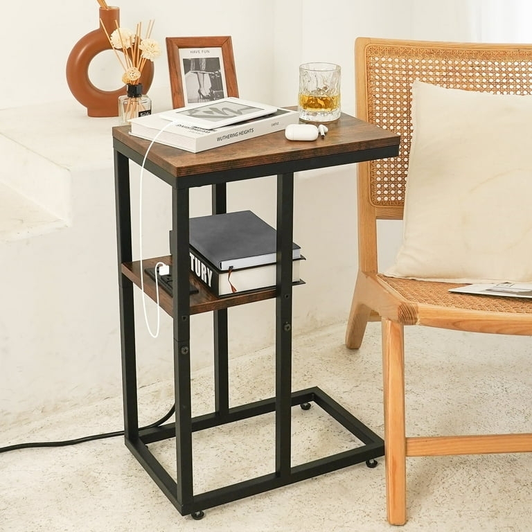 Free Shipping! YoobureStore C Shaped End Table with Charging Station, Small Side  Table for Couch, Living Room, Bedroom, Brown -