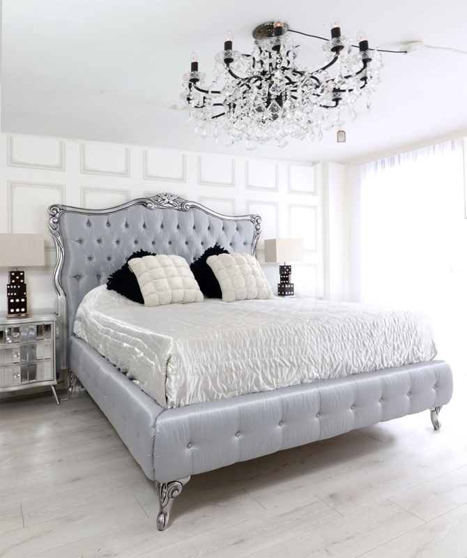 French Country Bed with Silver Metallic Finish and Cabriole Legs