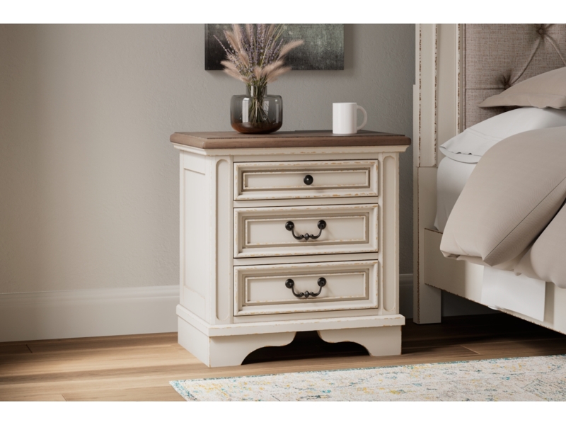 French Country Distressed Whitewash Nightstand with Dark Wood Top