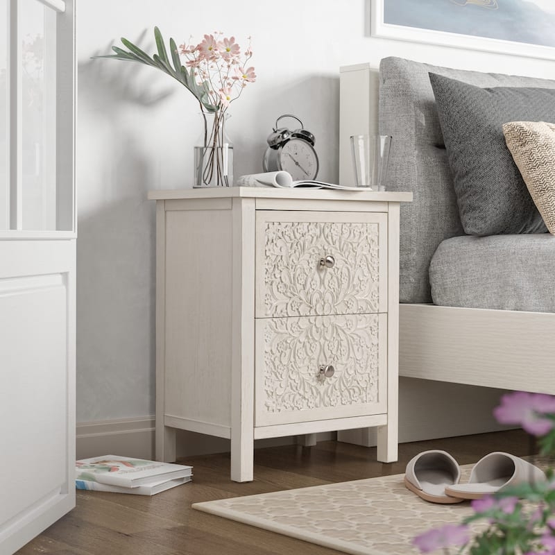 French Country White Nightstand with Carved Floral Motif