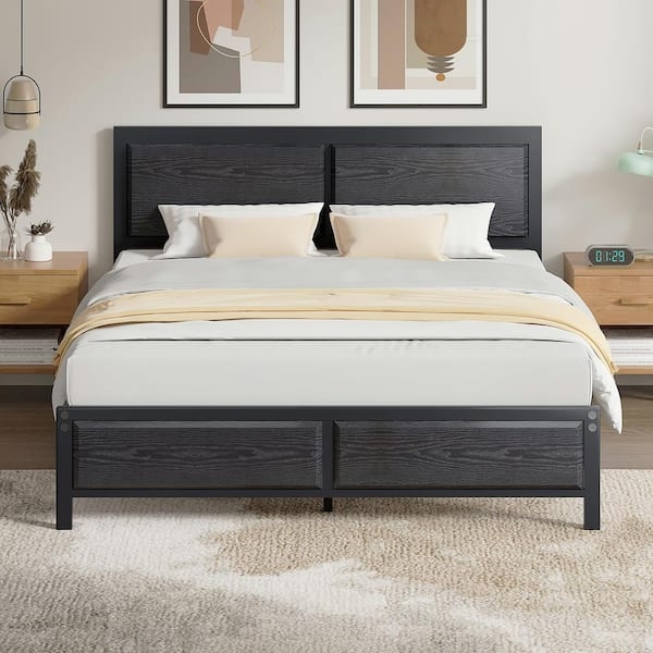 Full Size Bed Black Metal Rustic Country Style Wood Panels
